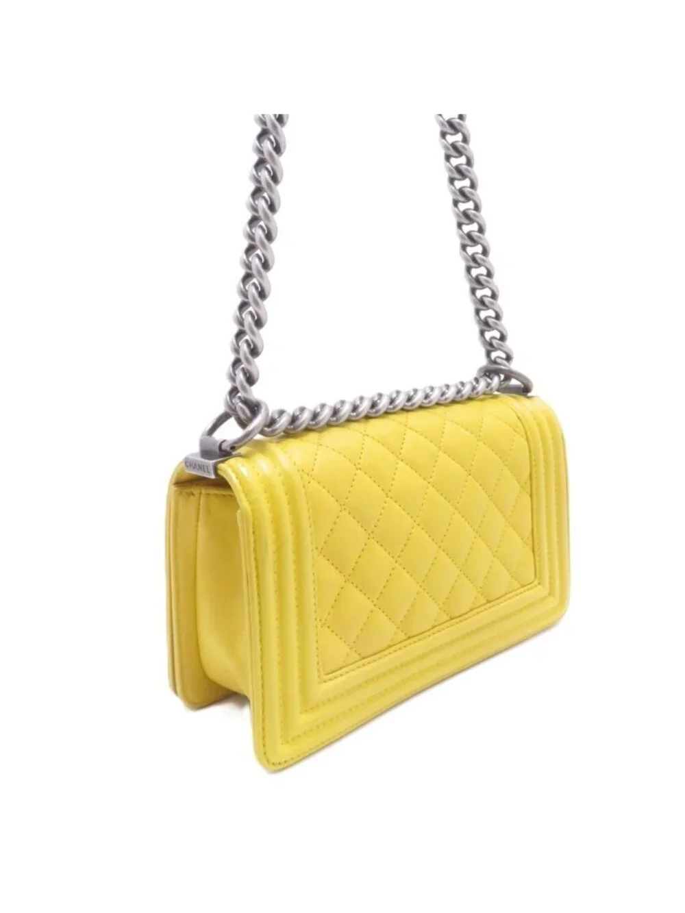 Chanel Boy 20 Quilted Chain Shoulder Yellow Silver Lambskin Bag